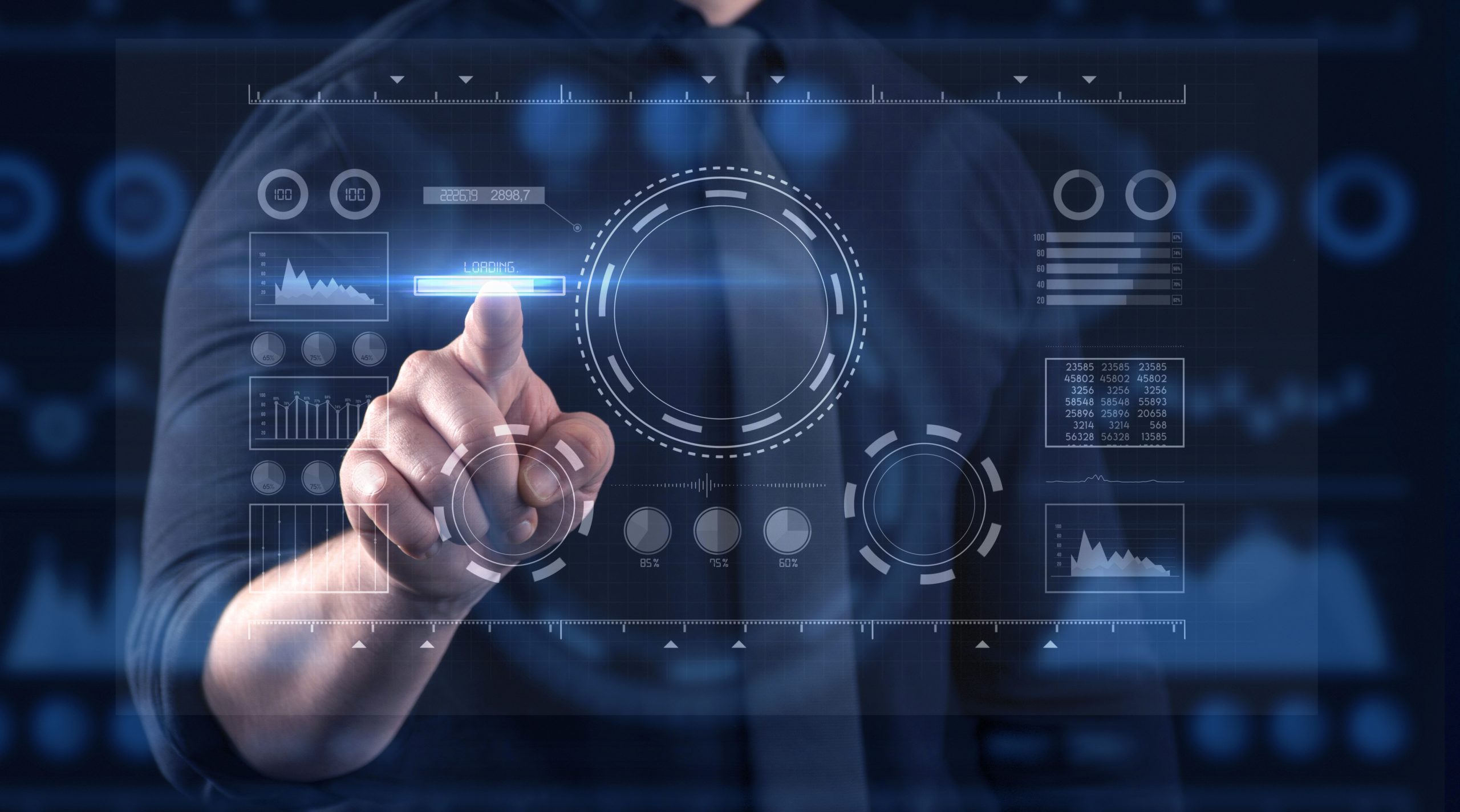 Internet of Things (IoT), blockchain technology, worldwide forex, financial exchange, abstract concept, Men accessing modern hologram personal database with fingerprint identification.