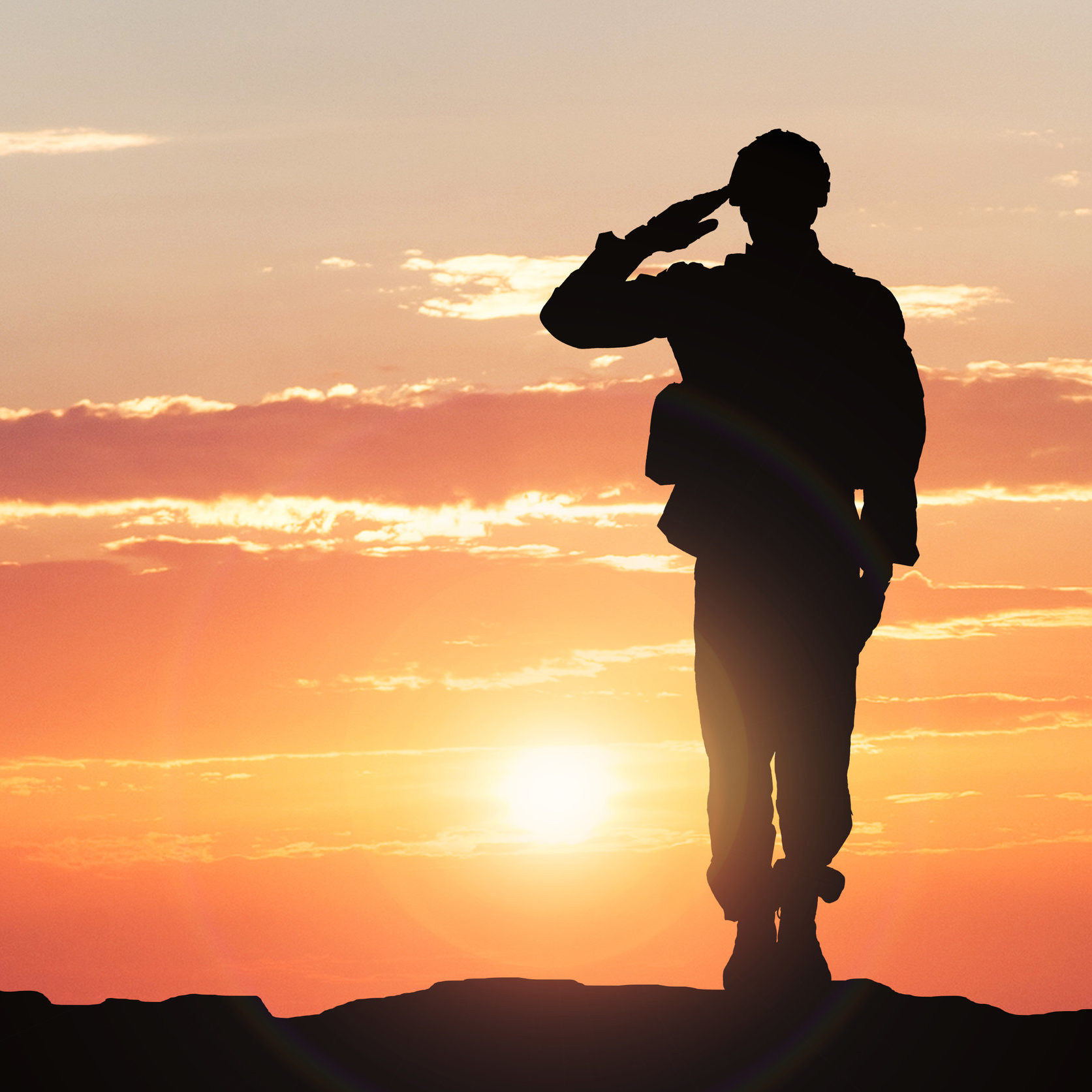 Silhouette of military soldier saluting in front of sunset, military transition assistance concept